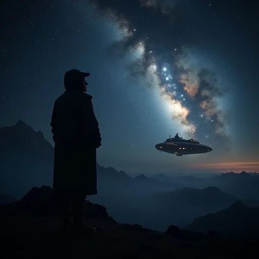 Prompt: (mysterious shadowy person), gazing up at (ethereal galaxies), with shimmering stars twinkling brightly, backdrop of a spaceship travelling in the intergalactic space, in the horizon, cosmic exploration, a sense of wonder, (deep black), high detail, enchanting atmosphere, (4K), capturing the beauty of the universe.