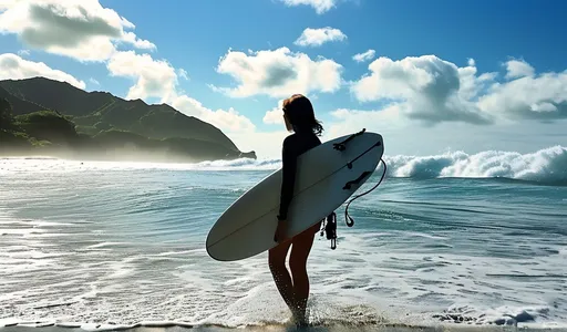 Prompt: japan, woman, ocean, beach, surfing, Hawaii