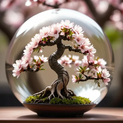 Prompt: Detailed macro photograph of a bonsai tree, intricate texture, focus on fine details, high quality, macro lens, product photography, natural tones, detailed leaves and bark, closeup shot, professional lighting, best quality,with cherry blossom back ground , inside of a glass ball