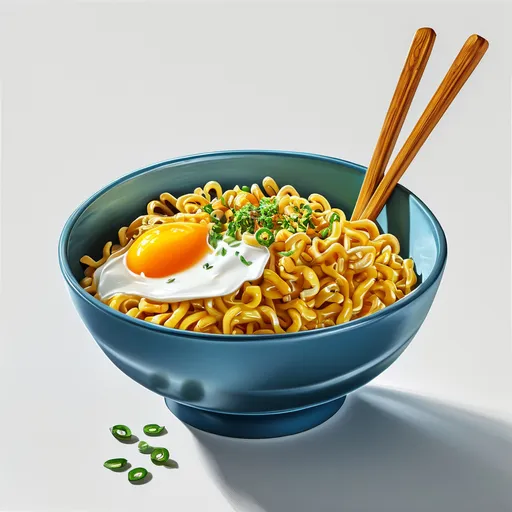 Prompt: a bowl of noodles with eggs and chopsticks on top of it, with a white background, with a blue bowl with noodles and chopsticks in the middle, with a, Dan Content, sots art, ultra realistic digital art, a stock photo