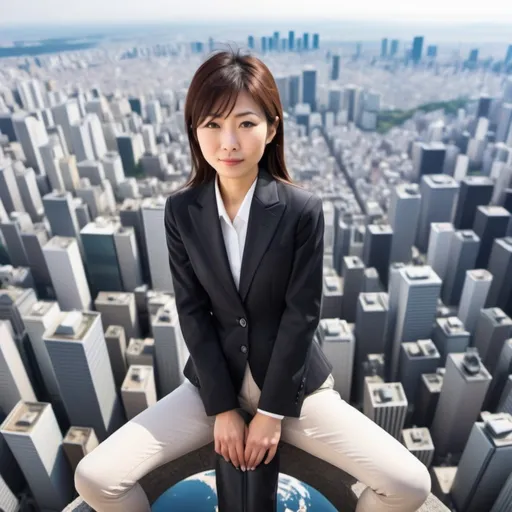 Prompt: a 1% japanese woman facing the world like a boss on top of the world full of people