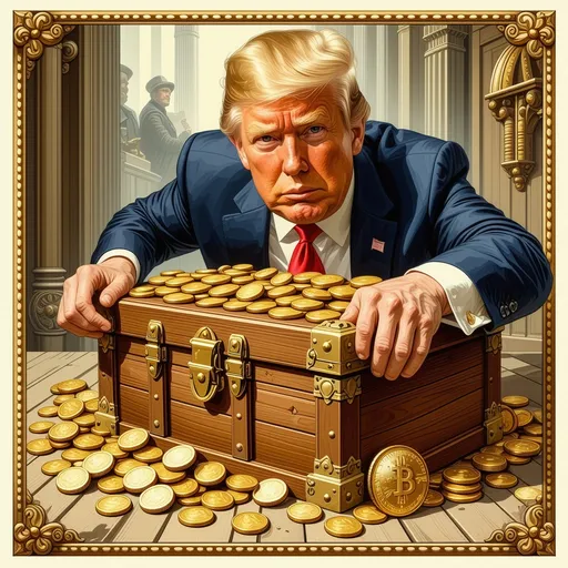 Prompt: a treasure token image depicting a chest and gold coins being stolen by Donald Trump.