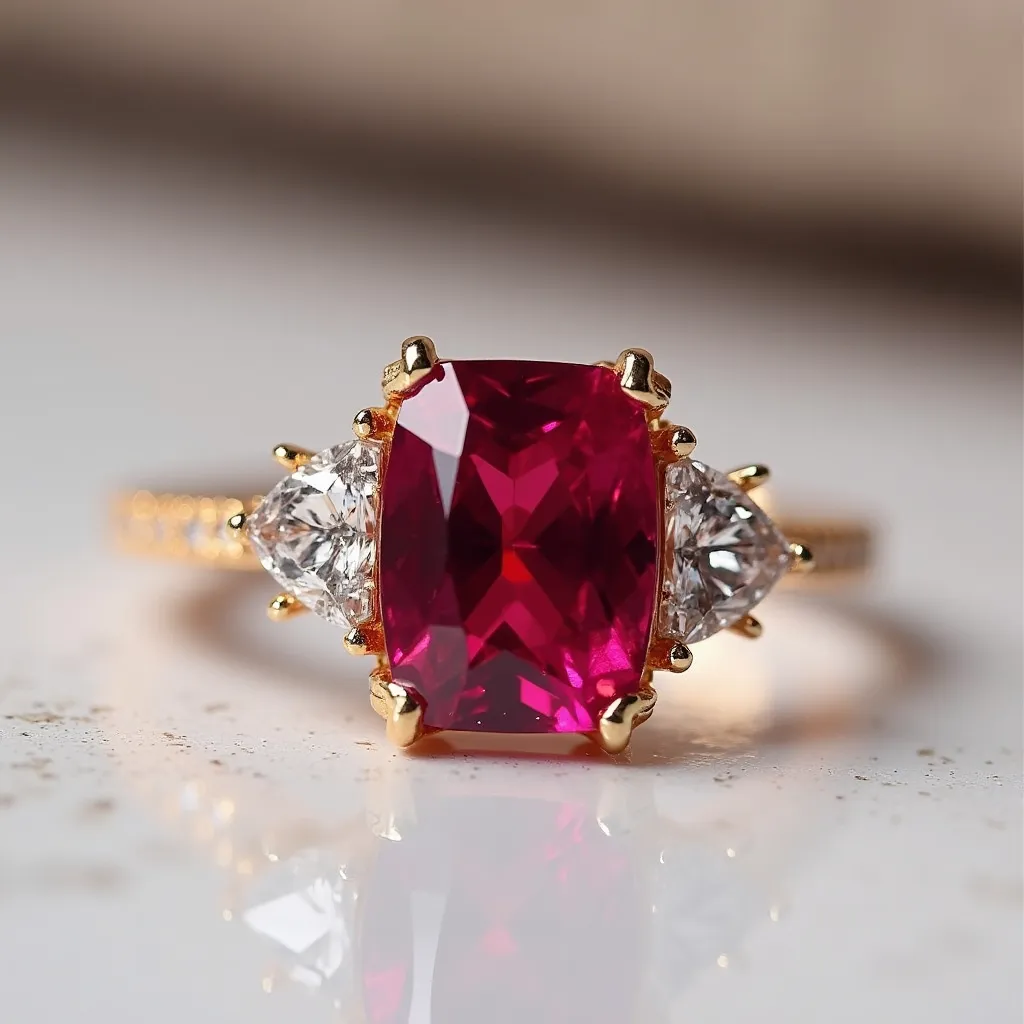 Prompt: 3.2 cushion cut engagement ring and neckless,colorless natural ruby, with hidden halo and gold