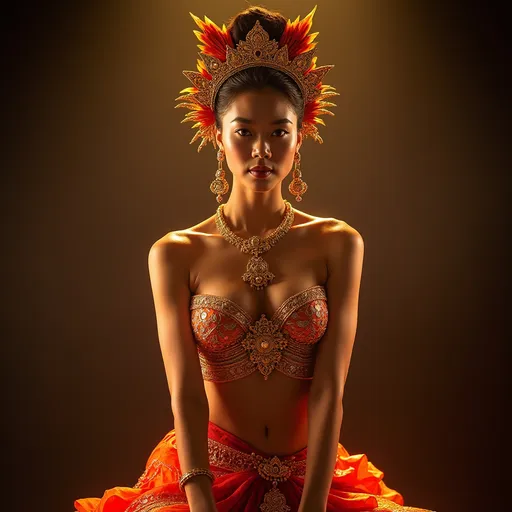 Prompt: Stunning frontal 21 year old Balinese girl fashion shot, posing, performing Legong Dance in ultra luxurious avant-garde Kebaya Bali, big beautiful bosoms, super high intricate details, 64 megapixels, glittering warm strobe lights, ultra HDR, cinematic, panoramic, atmospheric, hyperrealistic, Nikon Z7ii, Nikkor 85mm f/1.8 1/250 ISO400