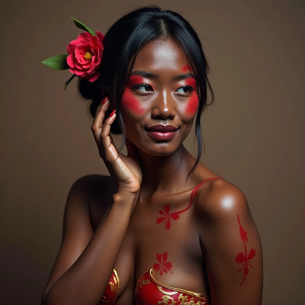 Prompt: japanese woman, whole body paint in chocolate