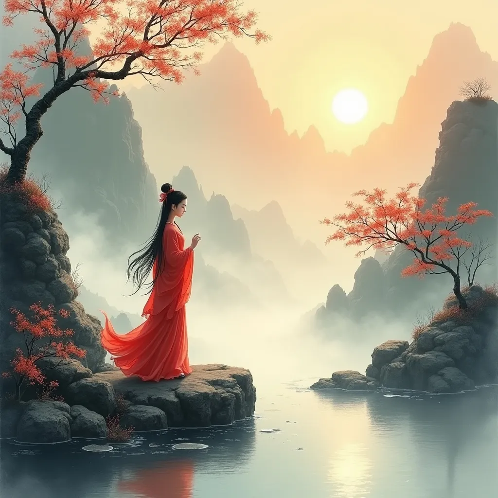 Prompt: Experience an ancient Chinese ink painting of a beautiful girl, mountains of China, with a stream, mist, morning sun.