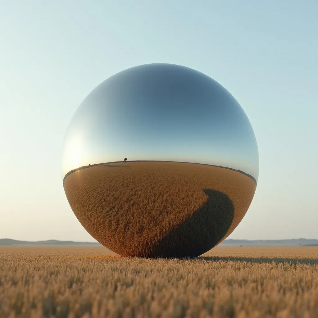 Prompt: floating mirror sphere in a field