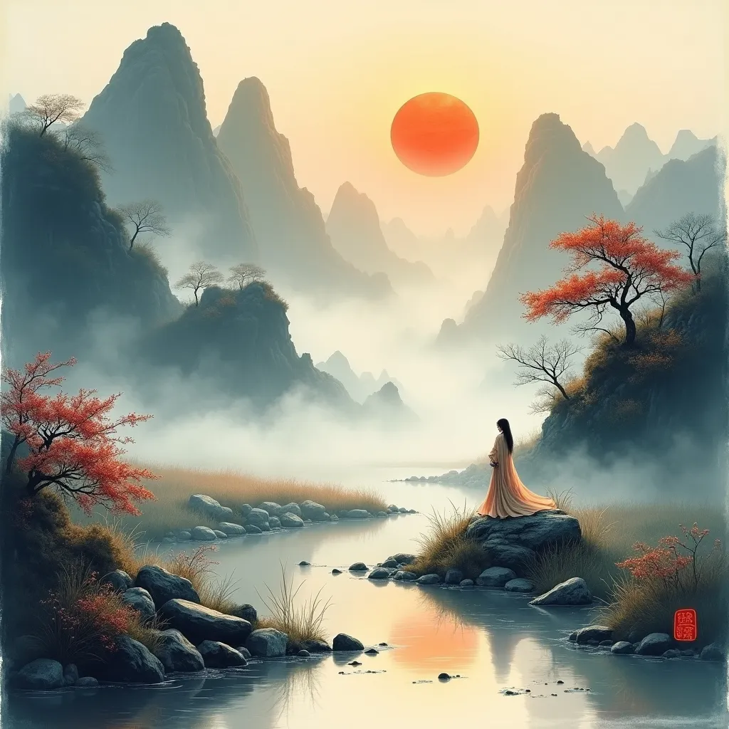 Prompt: Experience an ancient Chinese ink painting of the mountains of China, with a stream, mist, morning sun and a beautiful girl.