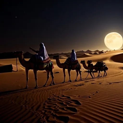 Prompt: sahara at night, camel caravan, moon cresent