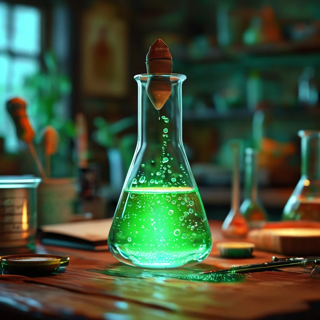 Prompt: glowing green droplets inside a beaker