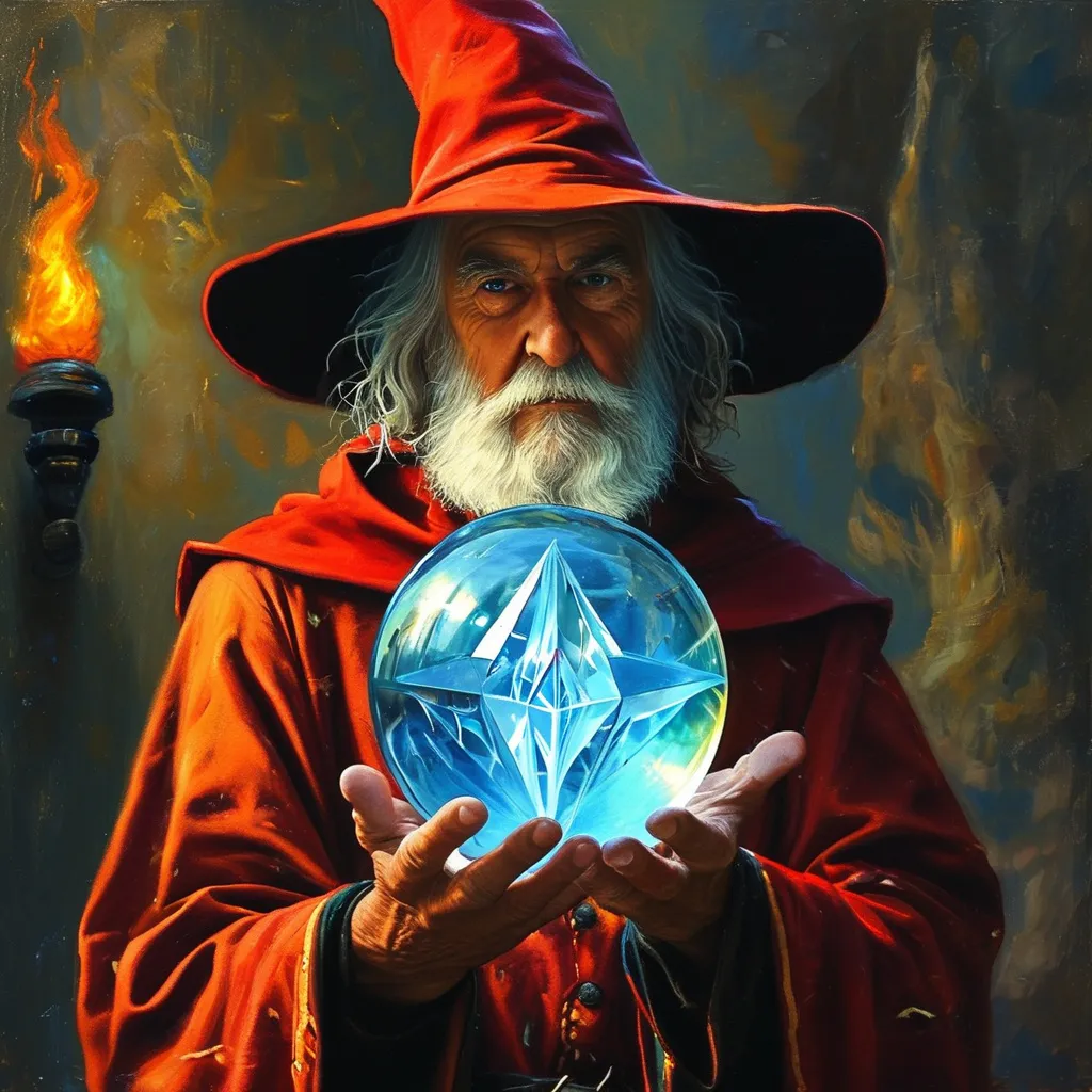 Prompt: Merlin the magician, flame inside crystal ball