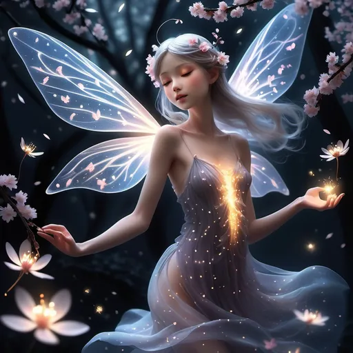 Prompt: Amidst a flurry of falling sakura petals and dancing fireflies, a delicate fairy emerges. Her translucent wings shimmer like a thousand tiny stars, casting an ethereal glow upon the surrounding darkness. Her skin is as pale as moonlight, and her eyes sparkle with an otherworldly incandescence. As she flits through the air, her wings leave a trail of shimmering light, illuminating the night like a miniature constellation. The fairy's presence brings a sense of magic and wonder to the forest, transforming it into a realm of enchantment.