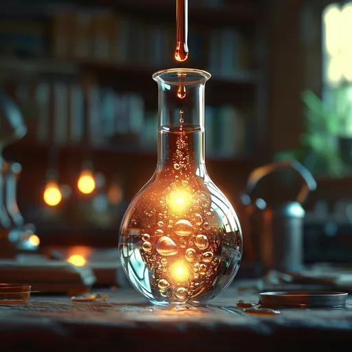 Prompt: glowing droplets inside a beaker