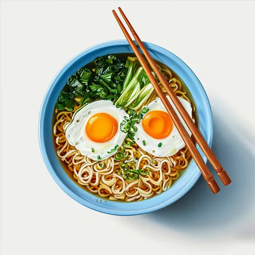 Prompt: a bowl of noodles with eggs and chopsticks on top of it, with a white background, with a blue bowl with noodles and chopsticks in the middle, with a, Dan Content, sots art, ultra realistic digital art, a stock photo