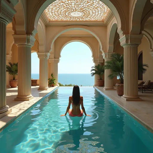 Prompt: Egyptian Dubai royal Mediterranean Balinese outdoor pool with abalone covered in platinum abalone and abalone silk and as a Sandro Botticelli painting with elaborate abalone chandeliers and high ceilings and ocean views, women sitting in pool