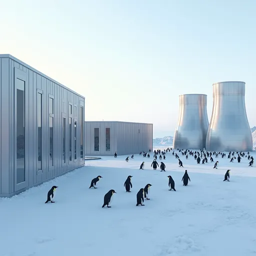 Prompt: Depict several AI data centers located in the snowy and icy landscape of Antarctica. The data centers have smooth metallic surfaces with large glass windows reflecting the polar sun. Nearby, a small modular nuclear reactor, designed in a modern style with characteristic cooling towers, powers the facilities. A few meters away from the buildings, a flock of penguins grazes, exploring the environment. high resolution, 4k, photo-realism.