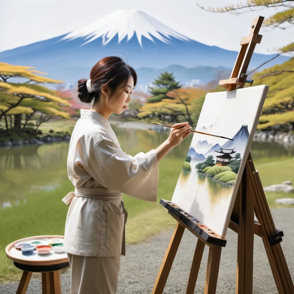 Prompt: full body of japanese woman painting a landscape