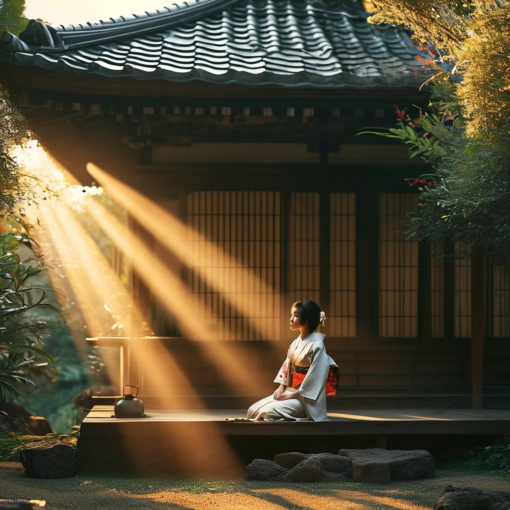 Prompt: old japanese house, young woman sitting outside, sun ray on woman