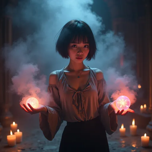 Prompt: 25-year-old ultra petite japanese woman, attractive), (short cut length hair), (soft eatures, feminine makeup), (soft boyish facial features), (slightly pink glowing skin). wearing a loose top and short skirt. Conjuring magic and casting a spell on a man in a gothic temple lair, a multi colored mist filling the room, room filled with burning candles, holding a magical orb in outstretched hands.