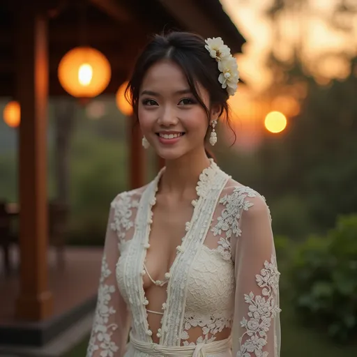 Prompt: A beautiful 21 years old Balinese girl wearing white decorated lace traditional Kebaya Bali, beautifully perfect body shape, large bosoms, smiling sweetly, professional supermodel makeup, wearing traditional Balinese accessories, standing in front of traditional Balinese residence and lush Balinese landscape. Image captured at sunset with glittering Balinese pendant lamps, bokeh effect, perfect composition, high contrast, epicanthic fold, cinematic, atmospheric, panoramic, moody, 64 megapixels, ISO400