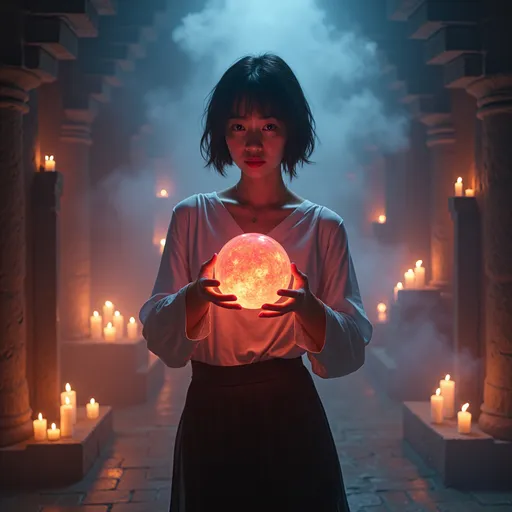 Prompt: 25-year-old ultra petite japanese woman, attractive), (short cut length hair), (soft eatures, feminine makeup), (soft boyish facial features), (slightly pink glowing skin). wearing a loose top and short skirt. Conjuring magic and casting a spell on a man in a gothic temple lair, a multi colored mist filling the room, room filled with burning candles, holding a magical orb in outstretched hands.