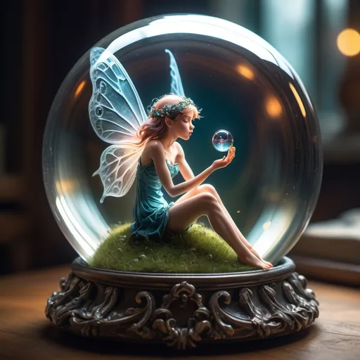 Prompt: amazing quality, masterpiece, best quality, hyper detailed, ultra detailed, UHD, perfect anatomy, portrait, dof, hyper-realism, majestic, awesome, inspiring, a majestic fairy living inside a glass ball, intricate detail, ornate, best quality, hyperdetailed, absurdres, micro world, dramatic light, atmospheric, vivid detail, vibrant, unusual beauty, subsurface scatter, ambient occlusion, photorealistic, cg, masterpiece, award winning, cinamatic composition, sharp focus, dynamic light, epic composition, joyful, fantastic, ambient, fine detail, professional, color, illuminated, rich colors, surreal, inamatic composition, soft shadows, national geographic style