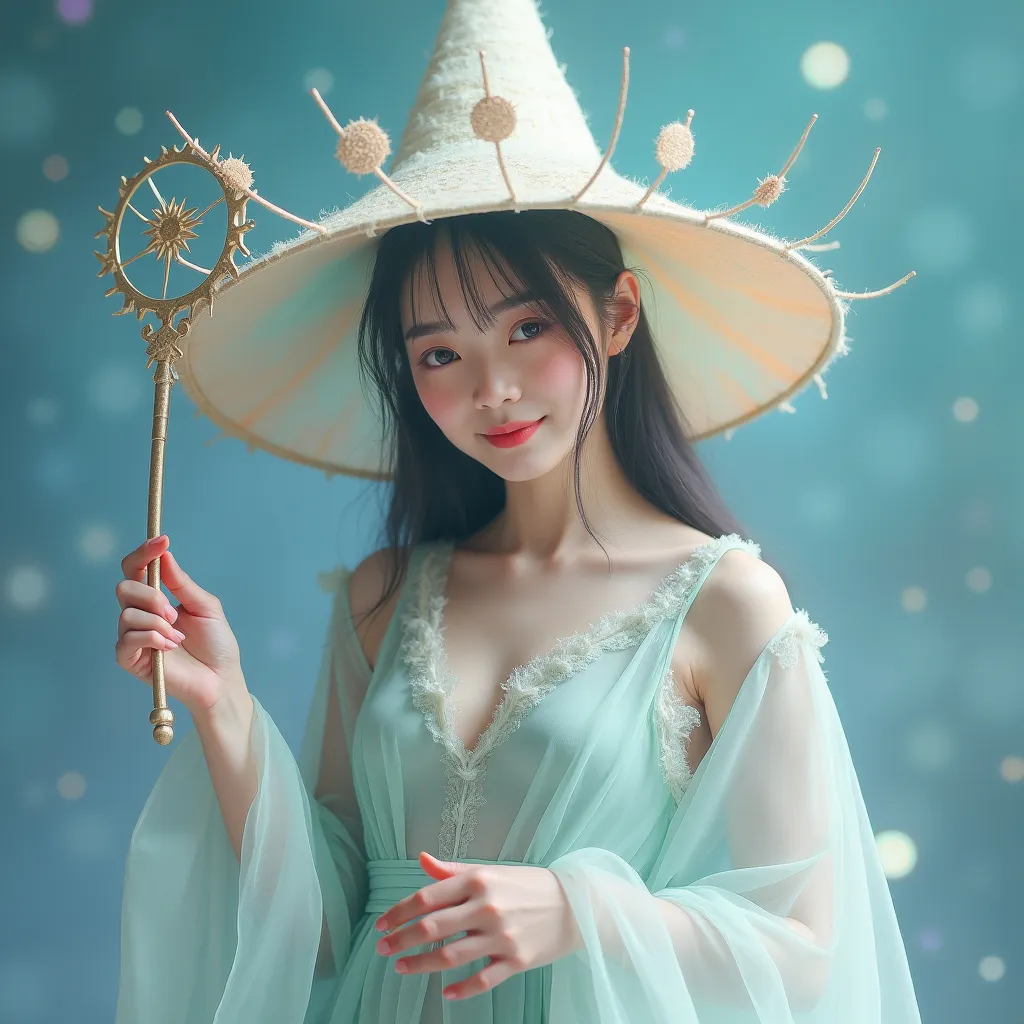 Prompt: Dreamy pastel full body portrait of a  Japanese woman wizard, barite wizard hat with suns on hat, holding a metal wand, small bare chest, inviting facial expression, inviting body pose, beginning of the universe background, ethereal atmosphere, soft focus, high quality, pastel art, ethereal, mystical, dreamy full body portrait, soft pastel colors, little attire, magical, enchanting, detailed barite hat with suns on hat, intricate metal wand, soft lighting, ethereal atmosphere