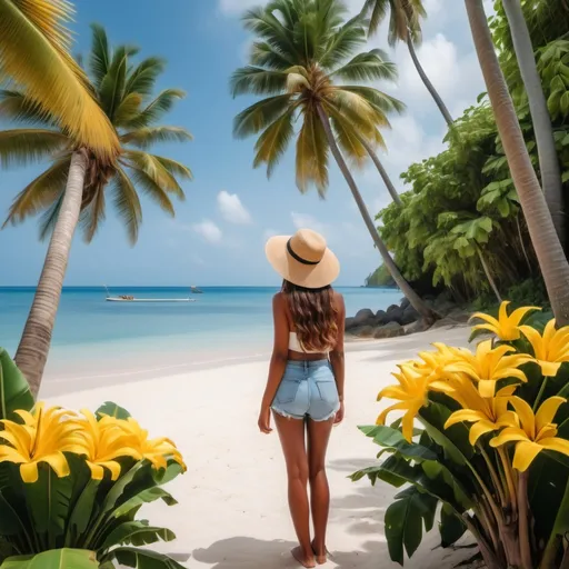 Prompt: A view of the most beautiful trees and banana and coconut palms with beautiful flowers from the island next to the beach and beautiful young girl