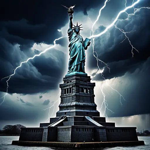 Prompt: <mymodel>(misc-macabre style), (Donald Trump), sword fight, (Statue of Liberty) backdrop, stormy sky, dramatic lighting with lightning streaks, dark color scheme, intense atmosphere, turbulent clouds, fierce expressions, cinematic composition, high detail, (ultra-detailed), (dynamic action), dark tones of blue and grey, electric contrasts.