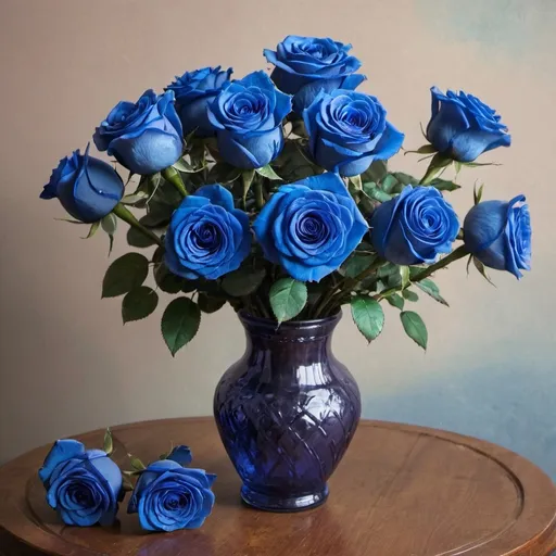 Prompt: blue roses in a vase, table