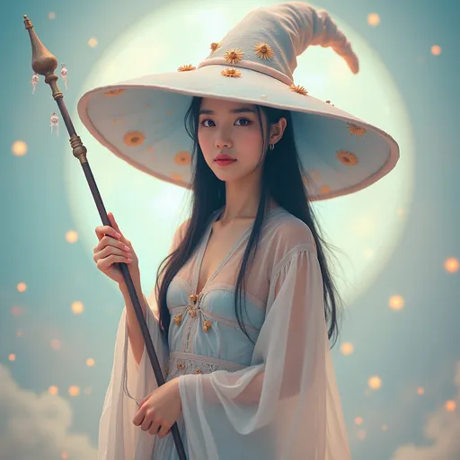 Prompt: Dreamy pastel full body portrait of a  Japanese woman wizard, barite wizard hat with suns on hat, holding a metal wand, small bare chest, inviting facial expression, inviting body pose, beginning of the universe background, ethereal atmosphere, soft focus, high quality, pastel art, ethereal, mystical, dreamy full body portrait, soft pastel colors, little attire, magical, enchanting, detailed barite hat with suns on hat, intricate metal wand, soft lighting, ethereal atmosphere