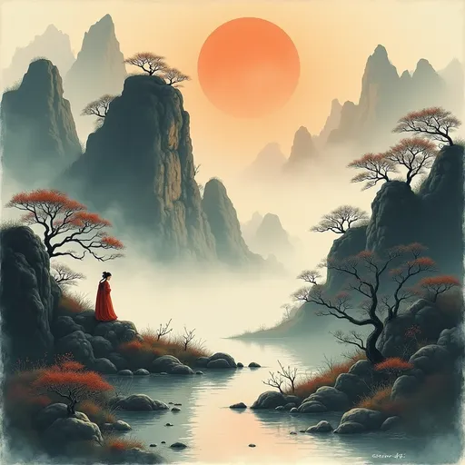 Prompt: Experience an ancient Chinese ink painting of the mountains of China, with a stream, mist, morning sun and a close up of a beautiful girl.