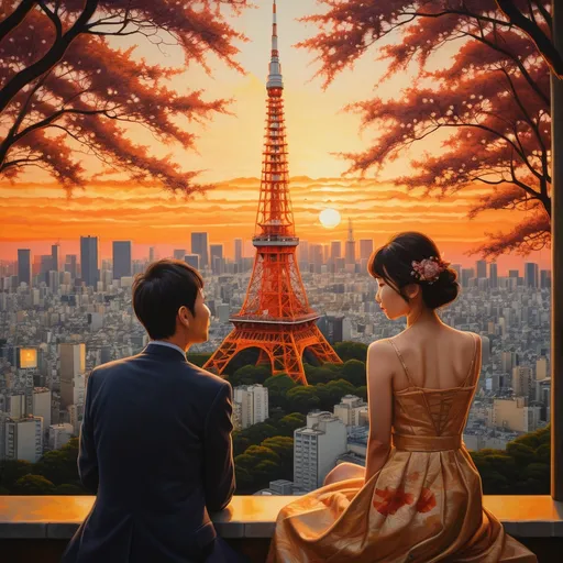 Prompt: (a painting of a japanese woman looking at the photo of a heartfelt scene) a couple at the Tokyo Tower intricate emotions, (jet-setting romance) set against a stunning Parisian skyline, warm golden sunset glow, romantic ambiance, the iconic Tokyo Tower in the background, softly lit city lights, vibrant city atmosphere, high detail, ultra-detailed, cinematic quality, expressive facial features, contrasting feelings of joy and deceit.