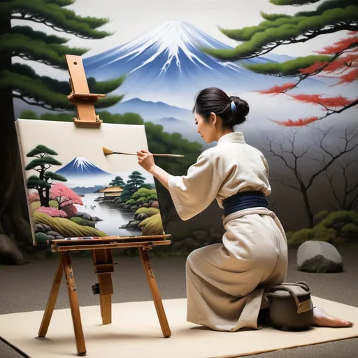 Prompt: full body of japanese woman painting a landscape