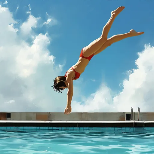 Prompt: woman diving board, pool