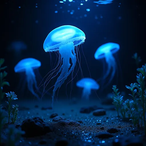 Prompt: Glowing jellyfish swimming in a dark sea. Luminescent plants and stars in the night sky reflected in the water.