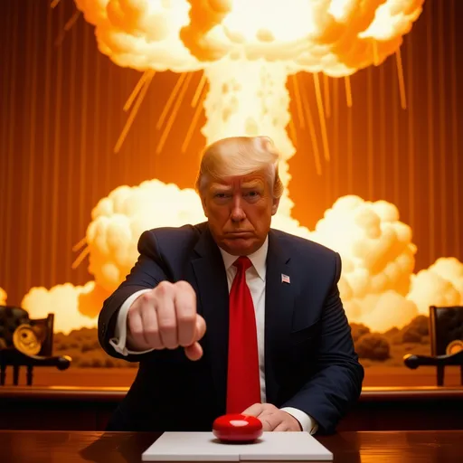 Prompt:  Donald Trump sitting in the white house pushing the red button, in the background an atomic explosion