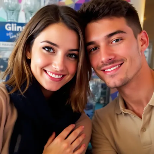 Prompt: A young woman and a young man pose closely together for a selfie, both sporting relaxed expressions that suggest a comfortable camaraderie. The woman wears a dark-blue scarf and has shoulder-length hair, while the man has short hair and wears a light-colored polo shirt. Their hands are partially visible in the foreground, indicating a casual setting, likely indoors, as a colorful backdrop featuring glass items can be seen behind them. The soft lighting and warm tones create a friendly and inviting atmosphere, reflecting a moment of shared enjoyment between friends or close acquaintances.
