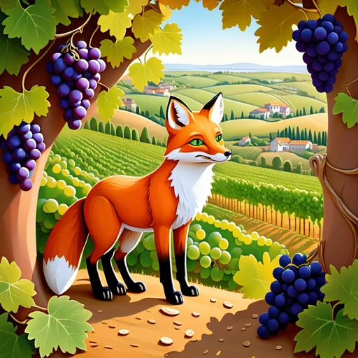 Prompt: (The Fox and the Grapes), Aesop's Fables illustration, vibrant colors, whimsical style, beautiful vineyard background with lush green vines, a cunning fox with sly eyes gazing longingly at ripe, dangling grapes, warm sunlight casting gentle shadows, enchanting atmosphere filled with playful tension, (ultra-detailed), a charming narrative captured in whimsical art, inspires contemplation on desire and unattainable goals.