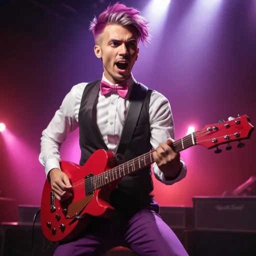 Prompt: Adult male is 5-6ft and 192 centimeters with Tan Skin wearing Red Bow tie and Pink eye playing with a Red Rock Guitar 
Purple hair


