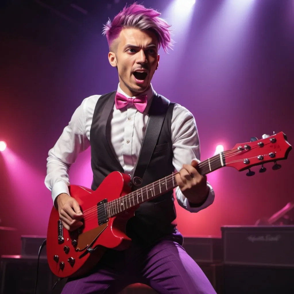 Prompt: Adult male is 5-6ft and 192 centimeters with Tan Skin wearing Red Bow tie and Pink eye playing with a Red Rock Guitar 
Purple hair


