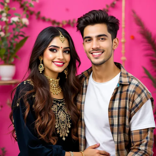 Prompt: In a vibrant setting, a young woman and man pose closely, both exuding confidence and warmth. The woman, adorned with elegant traditional jewelry and a richly embroidered dark outfit, has long, flowing hair that frames her face and brings out her striking features, accentuated by a subtle makeup look. Beside her, the young man dons a checked shirt layered over a white tee, showcasing a casual yet stylish appearance. The backdrop, a lively pink, is enhanced by decorative elements that add depth and festivity to the scene, suggesting a celebratory occasion. The overall composition captures a moment of camaraderie and joy, with the bright colors and expressions creating an inviting and cheerful atmosphere.
