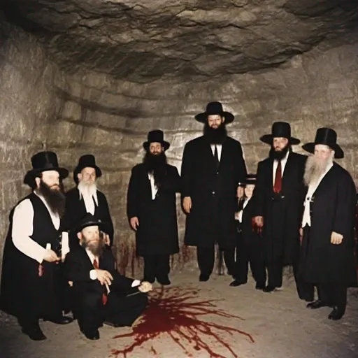 Prompt: Chabad Lubavitch doing satanic blood rituals sacrificing children in underground tunnels.