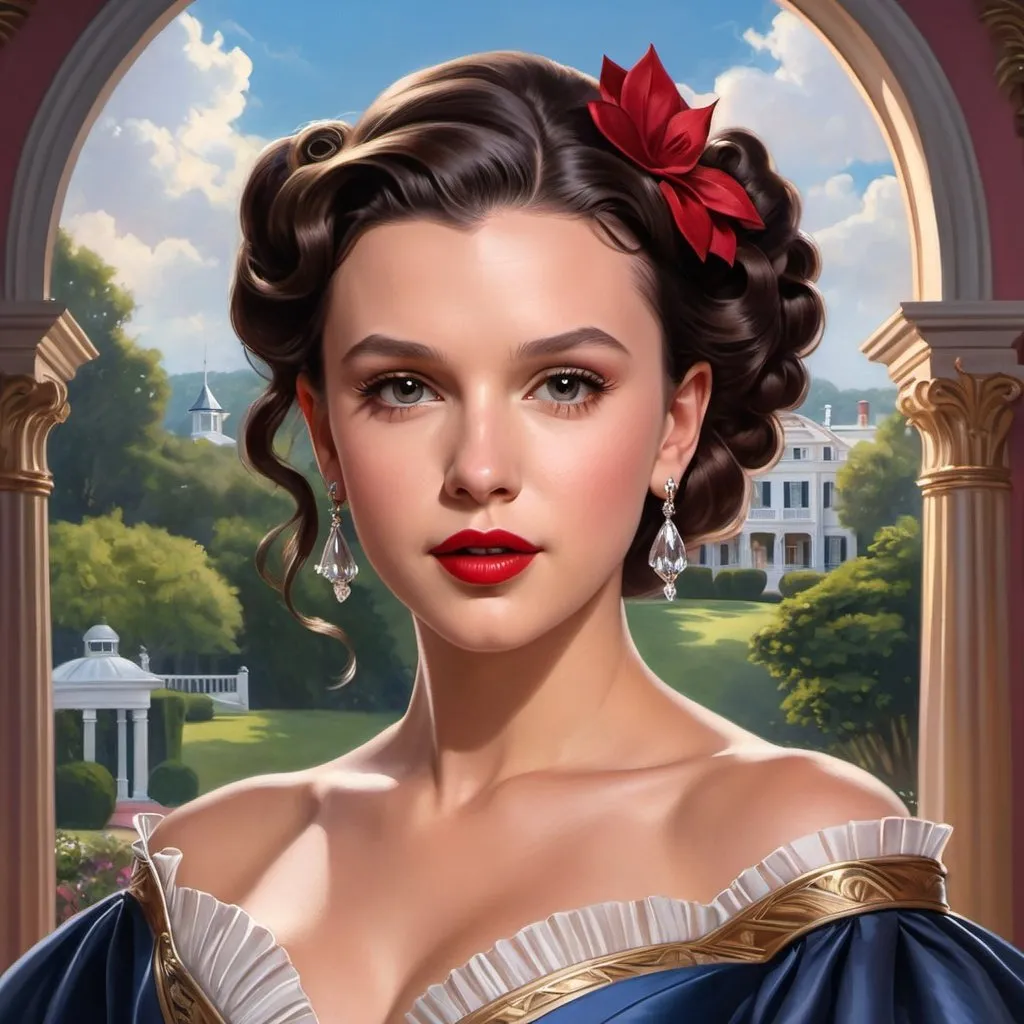 Prompt: Artgerm-inspired painting featuring Millie Bobby Brown as Scarlett O'Hara, posed before the Villa of Georgia, boasts a voluminous figure complemented by breathtaking Victorian garb, crowned with an elaborate hairstyle, a distinct wide nose graces her face, all enveloped by a twilight ambiance crafted to elicit awe, ultra realistic, infused with dramatic lighting, digital render.