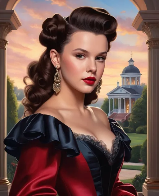 Prompt: Artgerm-inspired painting featuring Millie Bobby Brown as Scarlett O'Hara, posed before the Villa of Georgia, boasts a voluminous figure complemented by breathtaking Victorian garb, crowned with an elaborate hairstyle, a distinct wide nose graces her face, all enveloped by a twilight ambiance crafted to elicit awe, ultra realistic, infused with dramatic lighting, digital render.