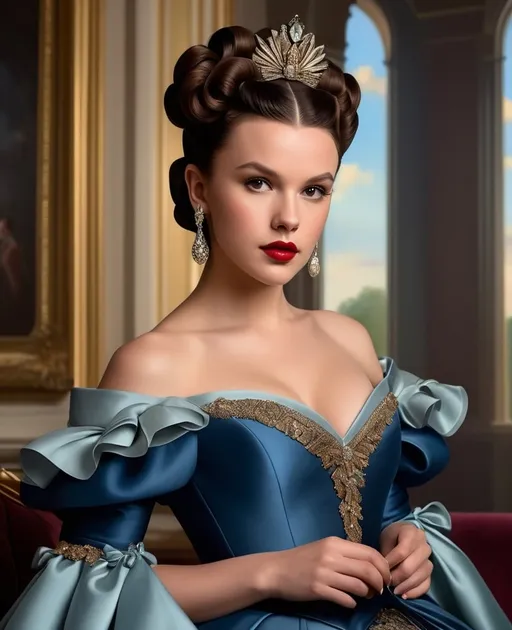 Prompt: Artgerm-inspired painting featuring Millie Bobby Brown as Scarlett O'Hara, posed before the Villa of Georgia, boasts a voluminous figure complemented by breathtaking Victorian garb, crowned with an elaborate hairstyle, a distinct wide nose graces her face, all enveloped by a twilight ambiance crafted to elicit awe, ultra realistic, infused with dramatic lighting, digital render.