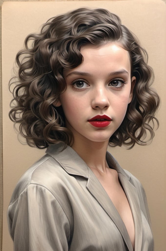 Prompt: Millie Bobby Brown look-alike in a full-body portrait, cascading curly hair, contrasting red lips, large eyes exuding warmth, youth, and elegance, charcoal sketch, soft textures, subtle shading, dramatic lighting, golden ratio, ultra realistic, high detail in facial features.