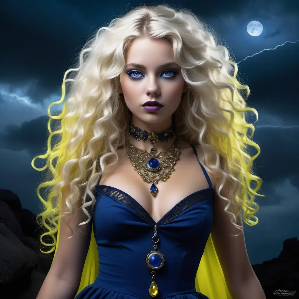 Prompt: Karrin Murphy as The Beauty, stunning long cascading curly whiteblonde hair, clear and detailed eyes, full body half side potrait of a photorealistic beautiful seductress, dark sky, gloomy, exotic indigo blue and neon yellow vintage dress, choker style colar, blue color eyes, detailed face, cyperpunk, full body, magic fantasy, wow effect, Artgerm and rubens style painting, Disney heroes are always a rewarding subject, stunning landscape as backdrop