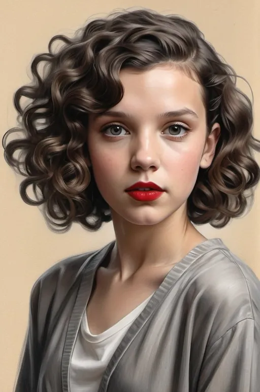 Prompt: Millie Bobby Brown look-alike in a full-body portrait, cascading curly hair, contrasting red lips, large eyes exuding warmth, youth, and elegance, charcoal sketch, soft textures, subtle shading, dramatic lighting, golden ratio, ultra realistic, high detail in facial features.