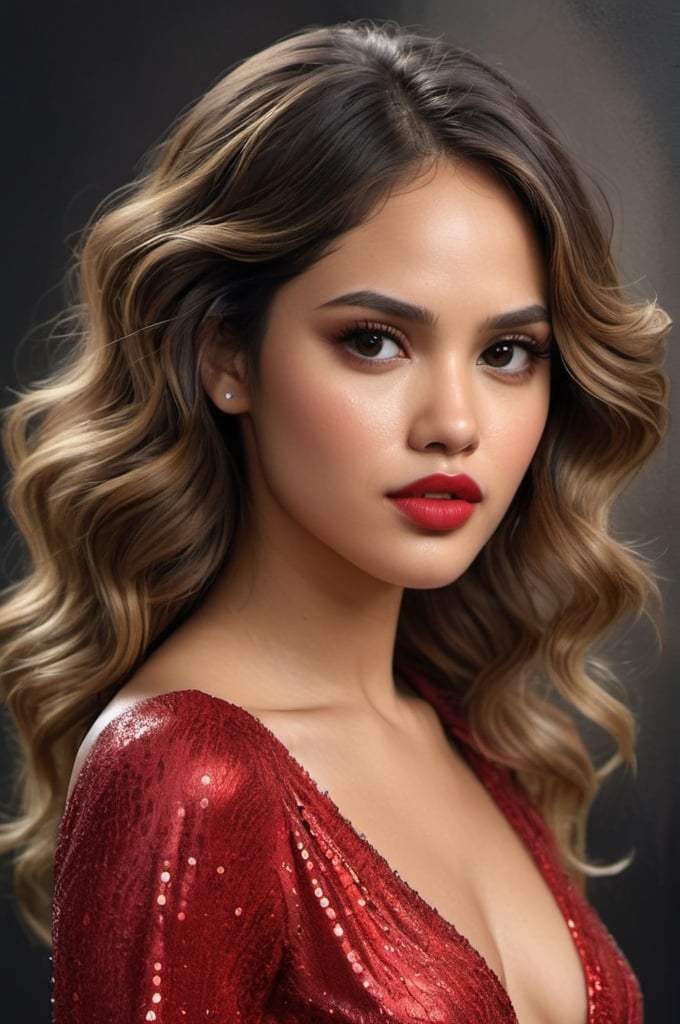 Prompt: Photo of Eiza González look-alike in a full-body portrait, cascading curly hair, contrasting red lips, large eyes exuding warmth, youth, and elegance, charcoal sketch, soft textures, subtle shading, dramatic lighting, golden ratio, ultra realistic, high detail in facial features. red sparkly dress, Canon EOS 90D 135mm, 16k,